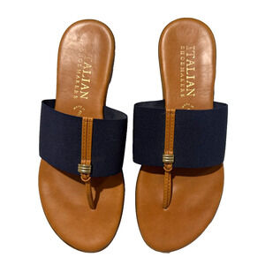 Italian Shoemakers Navy Blue Elastic Stretch Thong Sandals Gold Ring Size 9 Made